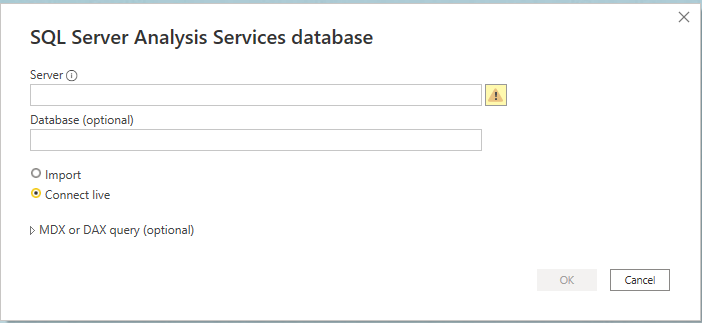 PowerBI connection screen to connect to SQL Server Analysis Services database