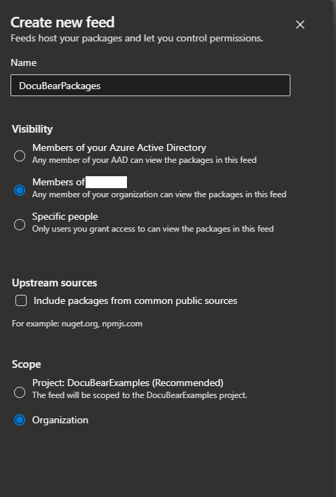 Azure DevOps - Screenshot what to enter when creating a new Artifacts feed