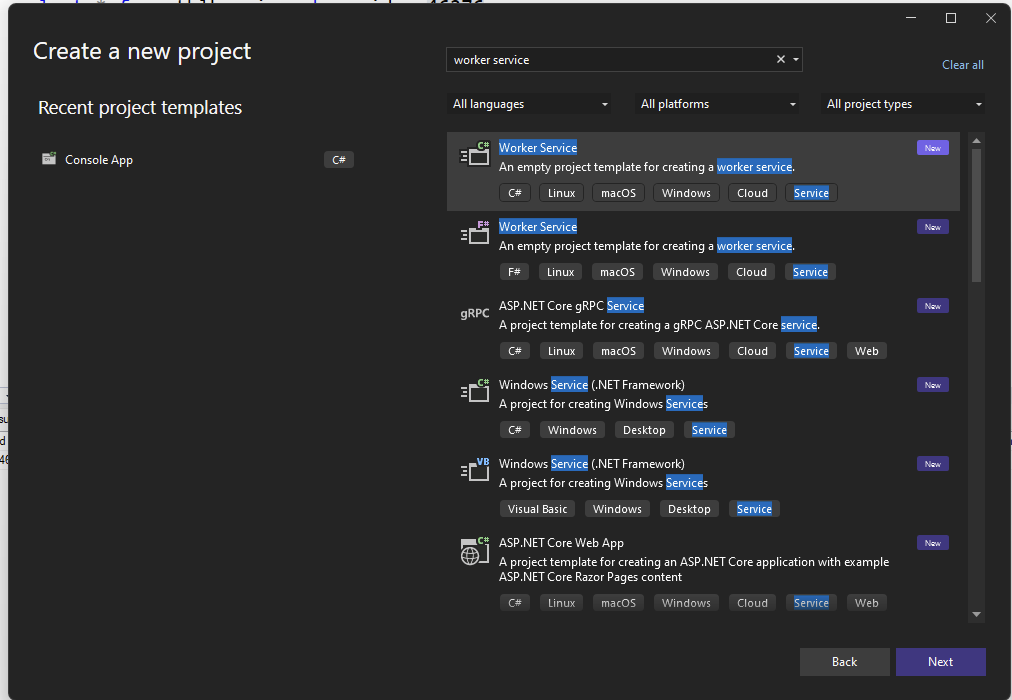 Create new Worker Service project in VS 2022.