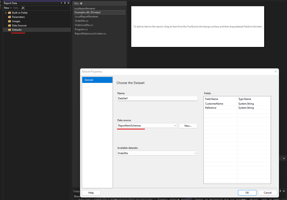 Visual Studio - Report editor - adding a new dataset